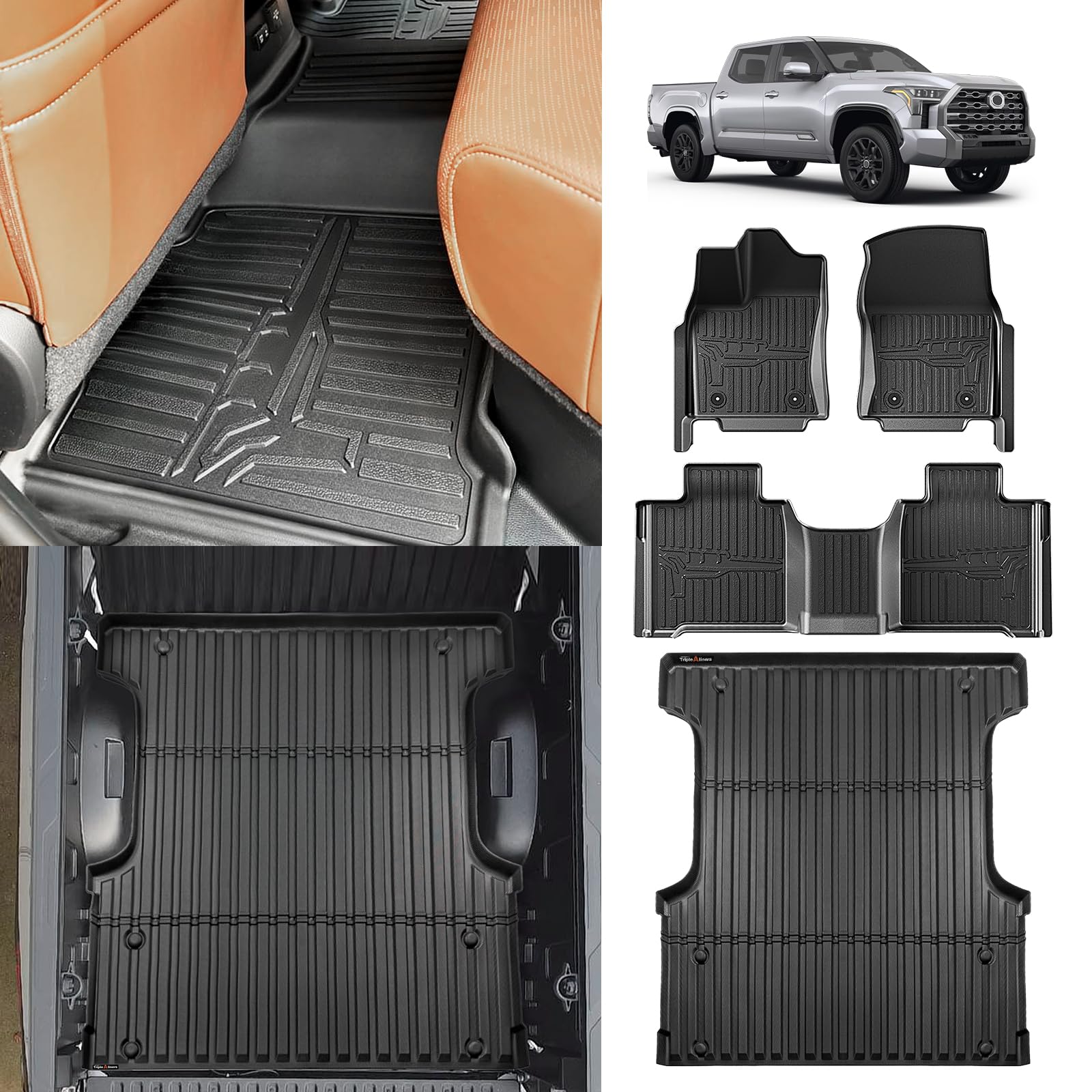 TripleAliners Truck Bed Mat & Floor Mats Front Rear Full Set Compatible with Toyota Tundra 2022-2024 2025 CrewMax Cab Accessories All Weather TPE Liners (5.5FT Truck Bed Mat+Floor Mats) Image TripleAliners Truck Bed Mat & Floor Mats Front Rear Full Set Compatible with Toyota Tundra 2022-2024 2025 CrewMax Cab Accessories All Weather TPE Liners (5.5FT Truck Bed Mat+Floor Mats) Image