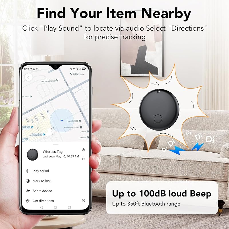 Tracker Tag Android Smart Tag, Schlüsselfinder KeyFinder kompatibel mit Google Mein Gerät Finden APP (Android NUR), Bluetooth Key Finder für Gepäck/Taschen/Koffer/Brieftasche (4er Pack) — Foto 4 von 8