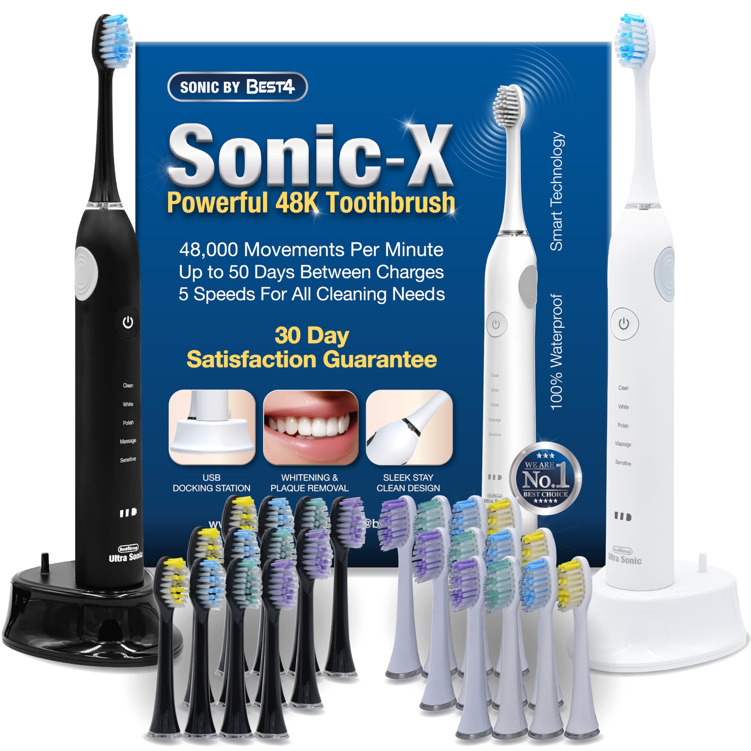 B4 Sonic Electric Toothbrushes, White & Black Twin Pack, Powerful 50 Days Charge, Inc 24 Brush Heads