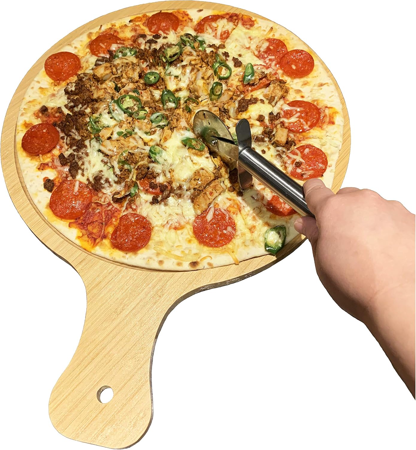 Bamboo Wooden Large Pizza Paddle Pizza Peel- 14 Inch Round Serving Board with Handle - Image 4