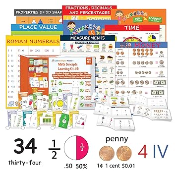 Little Champion Reader Teach Math Learning Kit 9 : Measurement, Roman Numerals, Place Value, Time, Money, Counting Numbers 1-100 & to a Million, 3D Shapes, Fractions, Decimals & Percentages