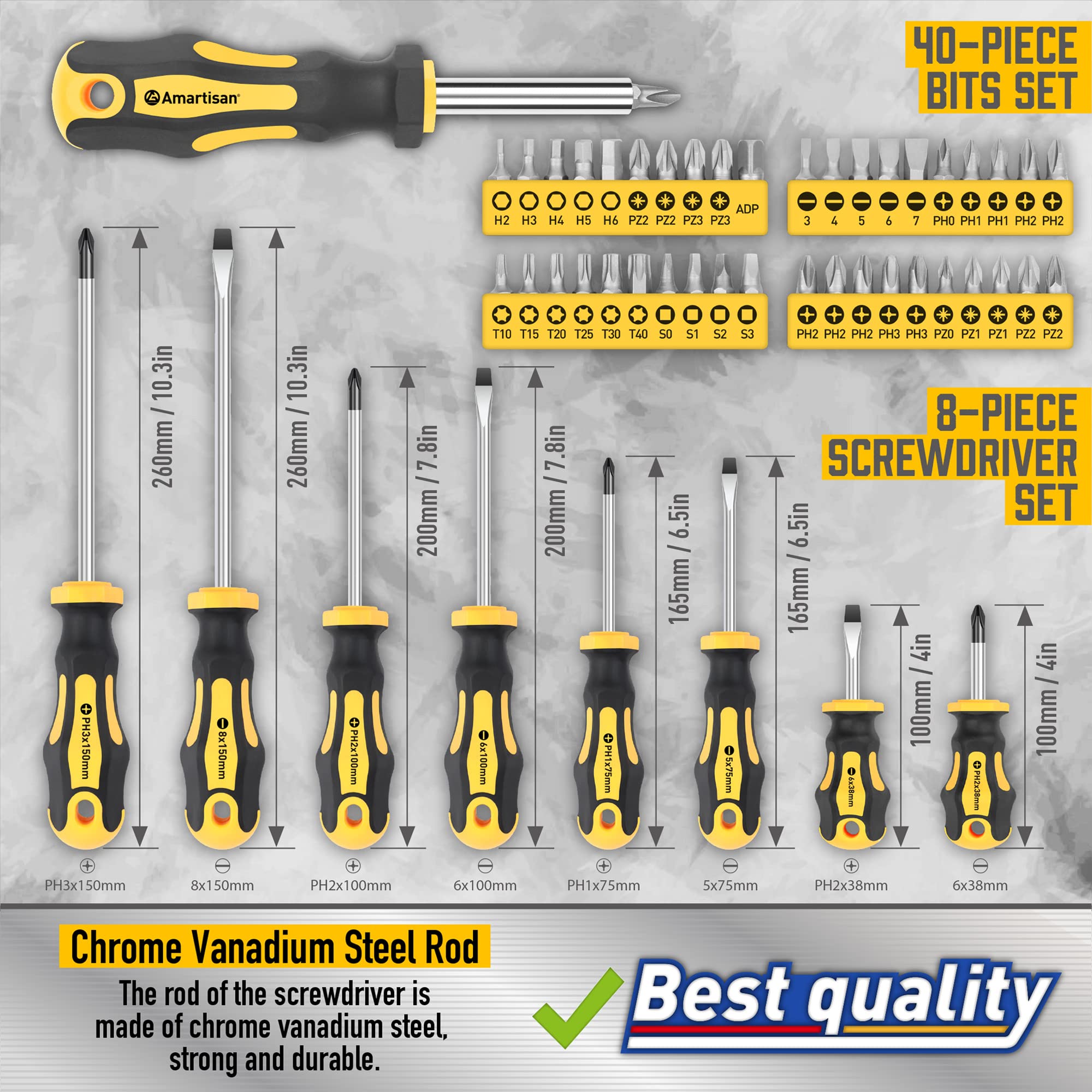 Magnetic Screwdrivers Set with Case, Amartisan 72-piece Includs Slotted, Phillips, Hex, Square, Pozidriv,Torx Bits and Insulated Screwdriver Set (1000V), Tools for Men