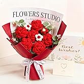 AWARDSEN Red Crochet Flowers Bouquet Red Knitted Flower Handmade Valentines Gifts, Wedding, Anniversary, Christmas, Graduation Crochet Gifts for Women (Includes Card)