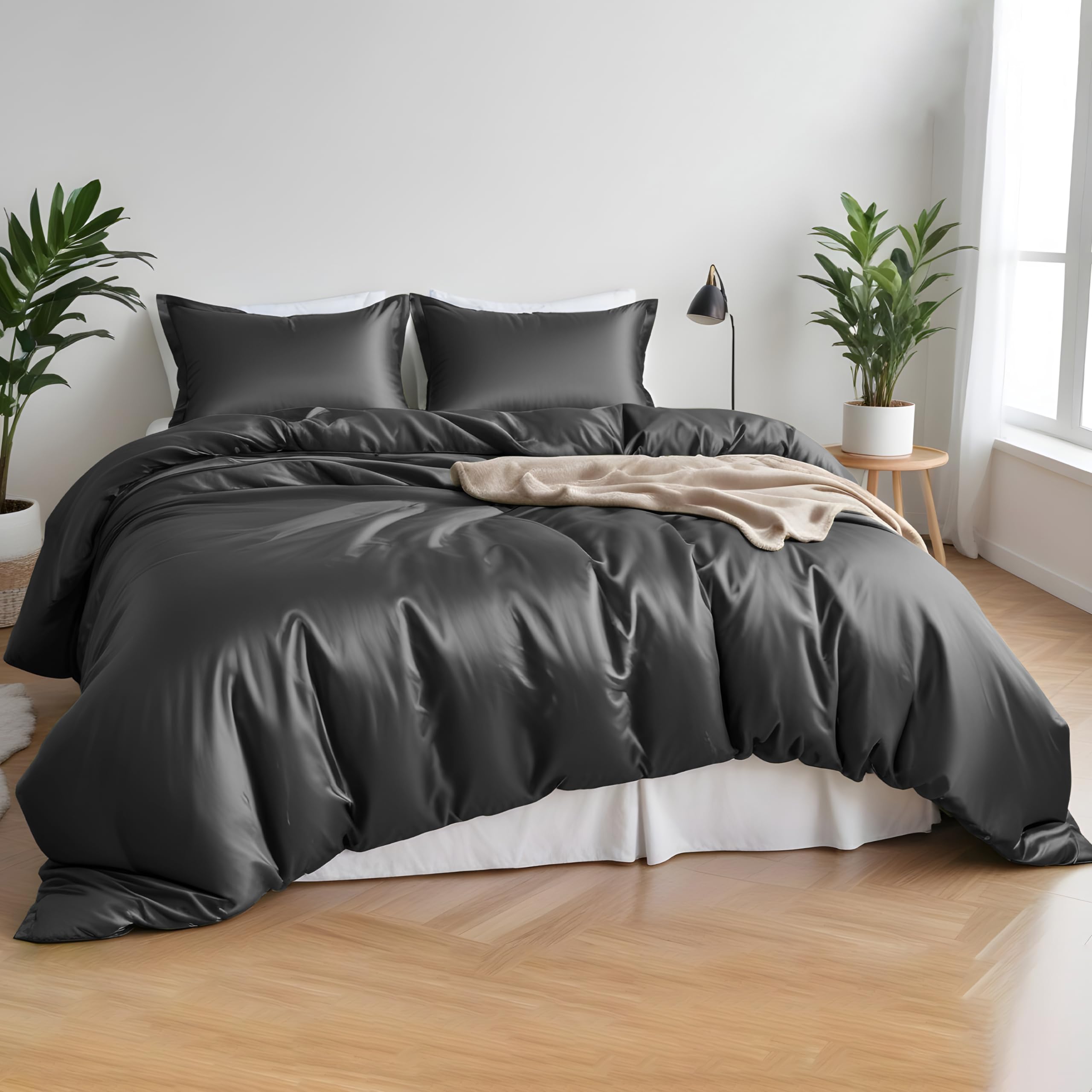 LINENWALAS 100% Bamboo Bedding King Size 4 Pieces set- Softest Cool Bamboo Bedding Perfect for Skincare- 1 Duvet Cover,1 Fitted Sheet & 2 Pillowcases Sets (King, Charcoal Grey) — image 1