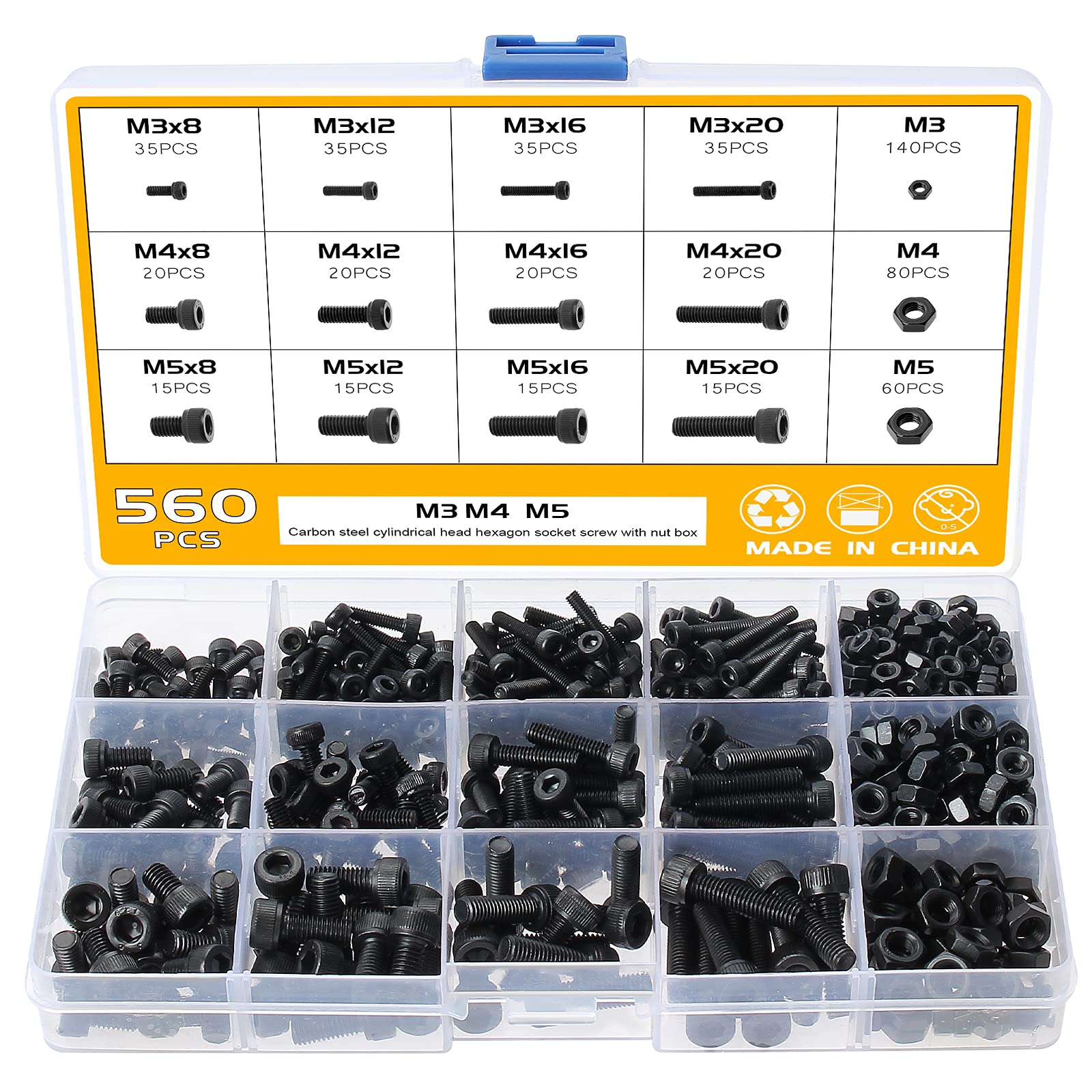 Faankiton 560PCS M3 M4 M5 Hex Socket Head Cap Button Screws Nuts and Bolts Set, 12.9 Carbon Steel Flat head Cylindrical Screws Assortment Kit, Hexagon Socket Head Cap Screws with the Hexagon Wrench