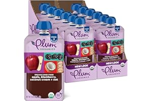 Plum Organics Stage 2 Organic Baby Food - Apple, Blackberry, Coconut Cream, and Oat - 3.5 oz Pouch (Pack of 12) - Organic Fruit and Vegetable Baby Food Pouch