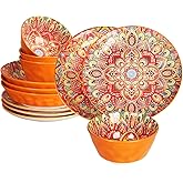 YA JU Mandala Dinnerware Sets (12 Pcs) Serves 4, Buffet Dinnerware, Boho Plates and Bowls Dish Set with 8" salad Plate 8" Dessert Plate 4.8" bowl, apply Casual dining Indoor Outdoor Dining Party