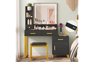 DWVO Makeup Vanity with Lights,Vanity Desk with Power Strip, Large Vanity Desk with Storage Shelves, 3 Lighting Colors, Black