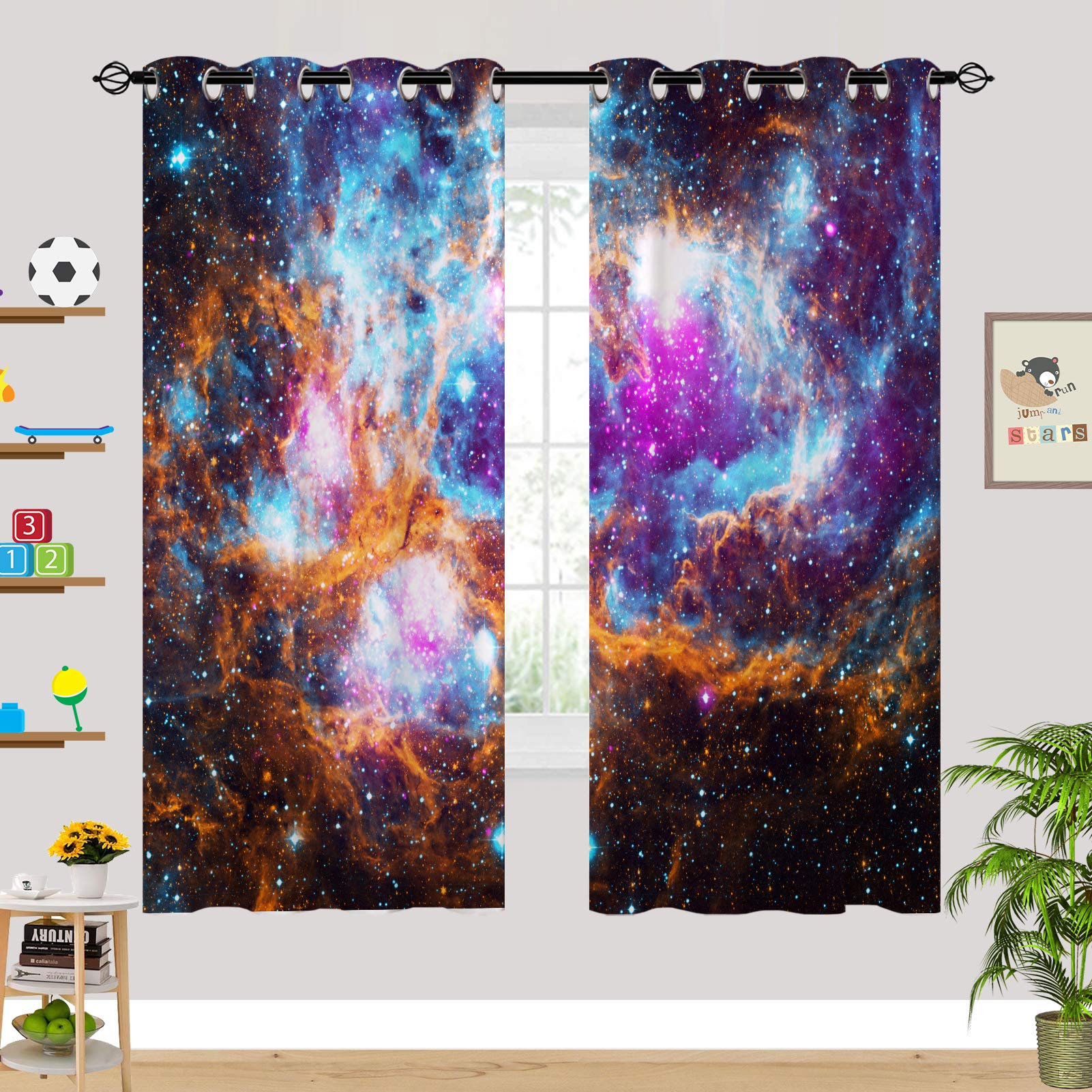YUANZU Galaxy Curtains for Kids Bedroom, Space Nebula Starry Sky Stars 3D Pattern Microfiber Blackout Fabric Eyelet Window Drapes for Kids Nursery Playroom W75cm (29.5") x D166cm (65") 2 Panels