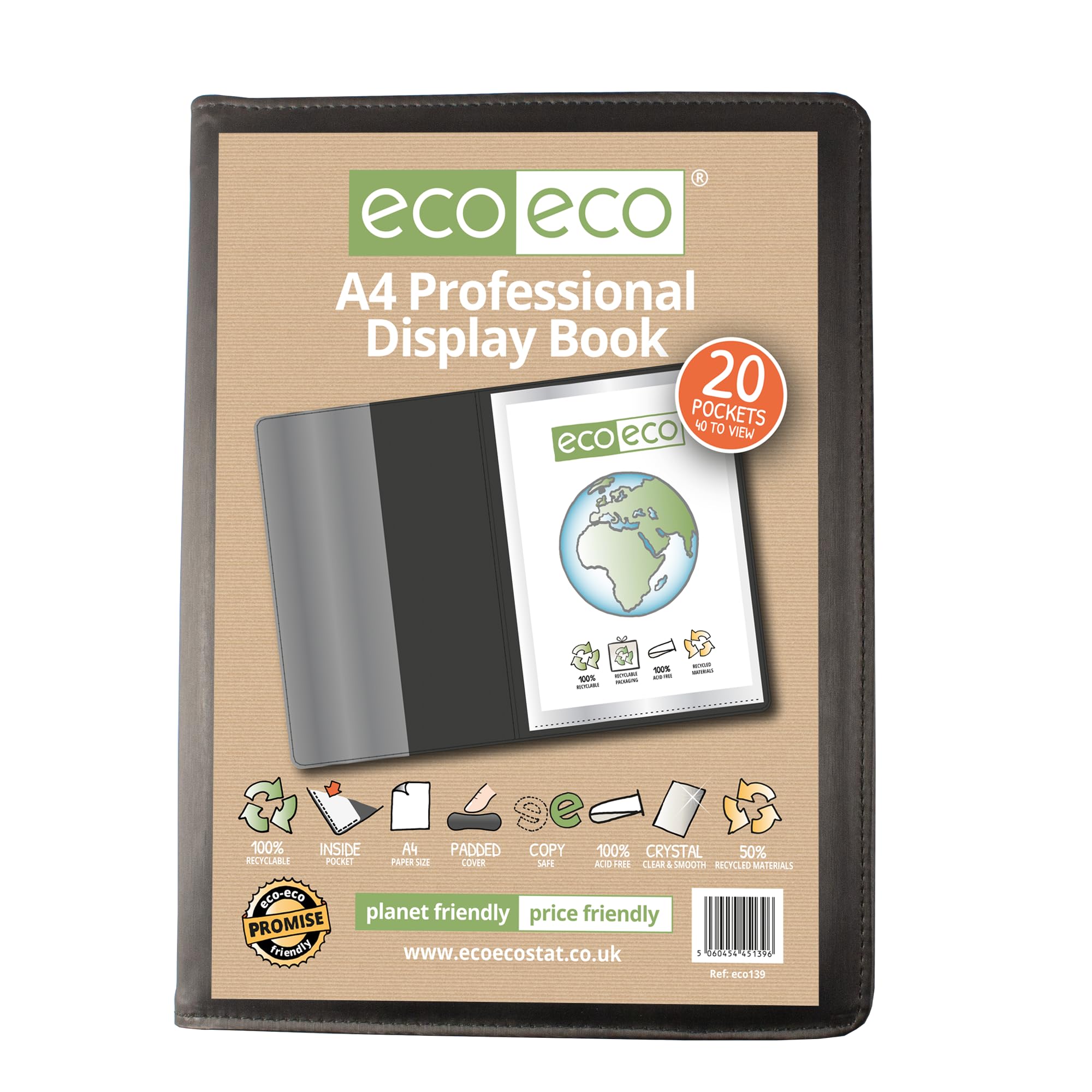 eco-eco A4 50% Recycled 20 Pocket Black Professional Business Display Book, Padded Portfolio Art Folder with Plastic Sleeves, eco139