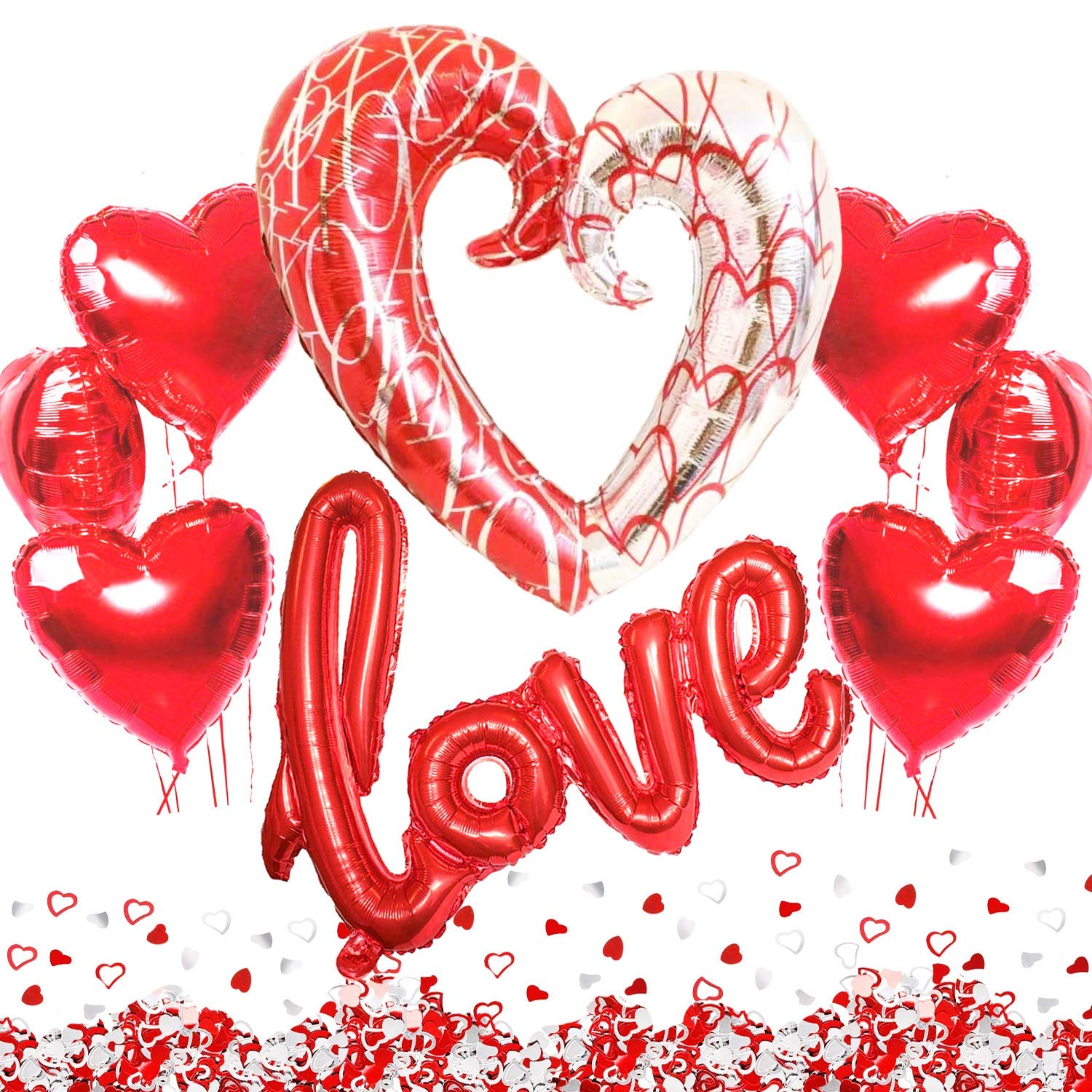 Romantic XXL Love Balloons Set - 6 Heart Helium Foil Balloons, Red and Silver Heart Shape Confetti for Wedding Proposal Valentine’s Day Decorations — image 1