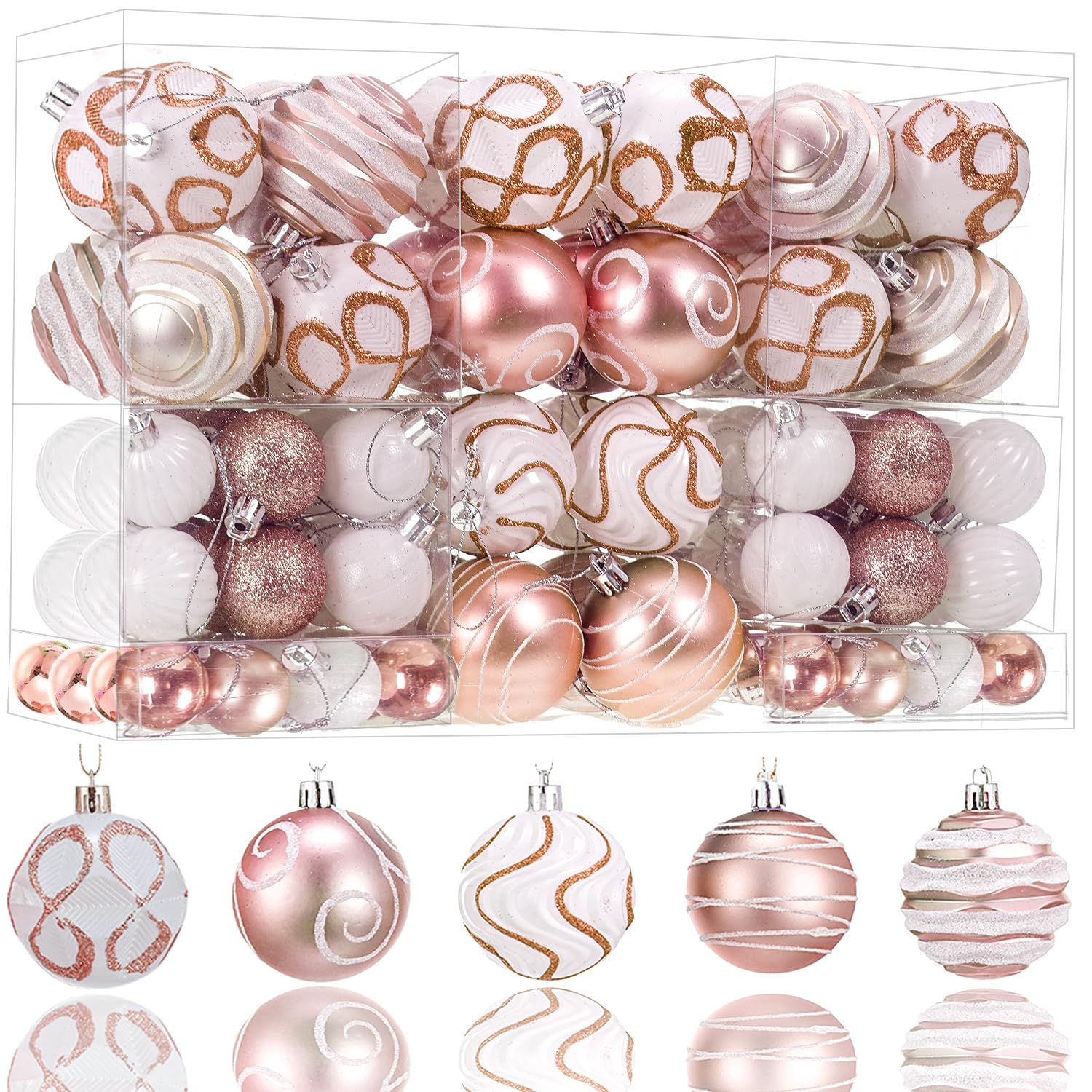 Photo 1 of 100Pcs Shatterproof Christmas Ornaments Set for Tree Large Christmas Tree Baubles Bulk Christmas Decor with Assorted Designs Perfect Christmas Ball Ornaments for Holiday Decorating,Rosegold White