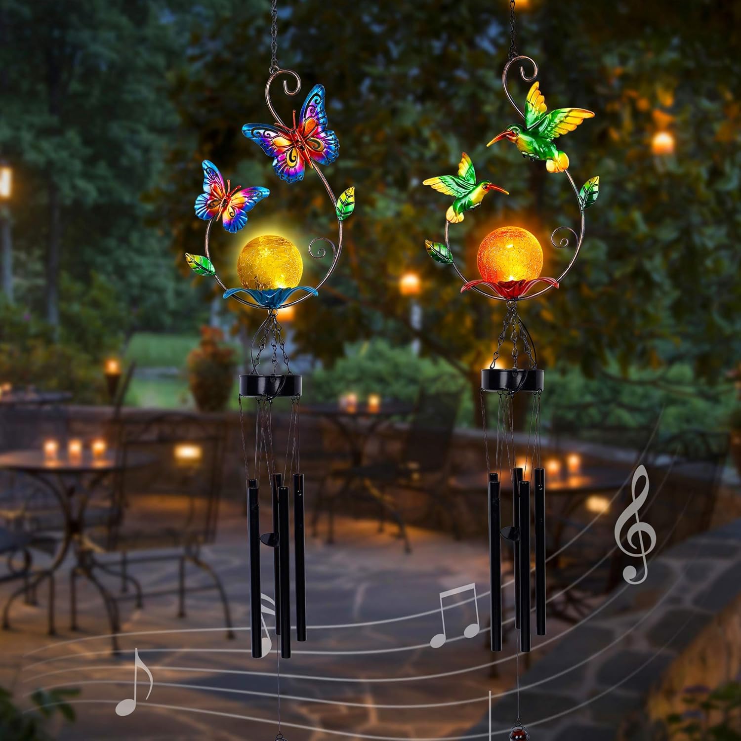 MAGGIFT 2 Pack Solar Outdoor Wind Chimes, Metal Butterfly & Hummingbird Wind Chime with Warm White LED Globe Glass, Mobile Hanging Decorative Patio Lights for Yard Garden, Gifts for Mom Women Wife : Garden & Outdoor