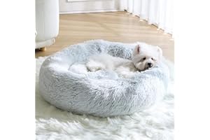 MNWHUC Calming Small Dog Bed, Donut Fluffy Anti-Anxiety Round Washable Cute Bed, Plush Cozy Cuddler Warming Soft Comfort Pet Bed for Small Medium Dogs Cats, 31inch,Light Grey White