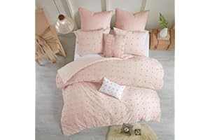Urban Habitat Duvet Set 100% Cotton Jacquard, Tufts Accent, Shabby Chic All Season Cover for Comforter, Matching Shams, Decorative Pillows, Full/Queen (88 in x 92 in), Pink 7 Piece