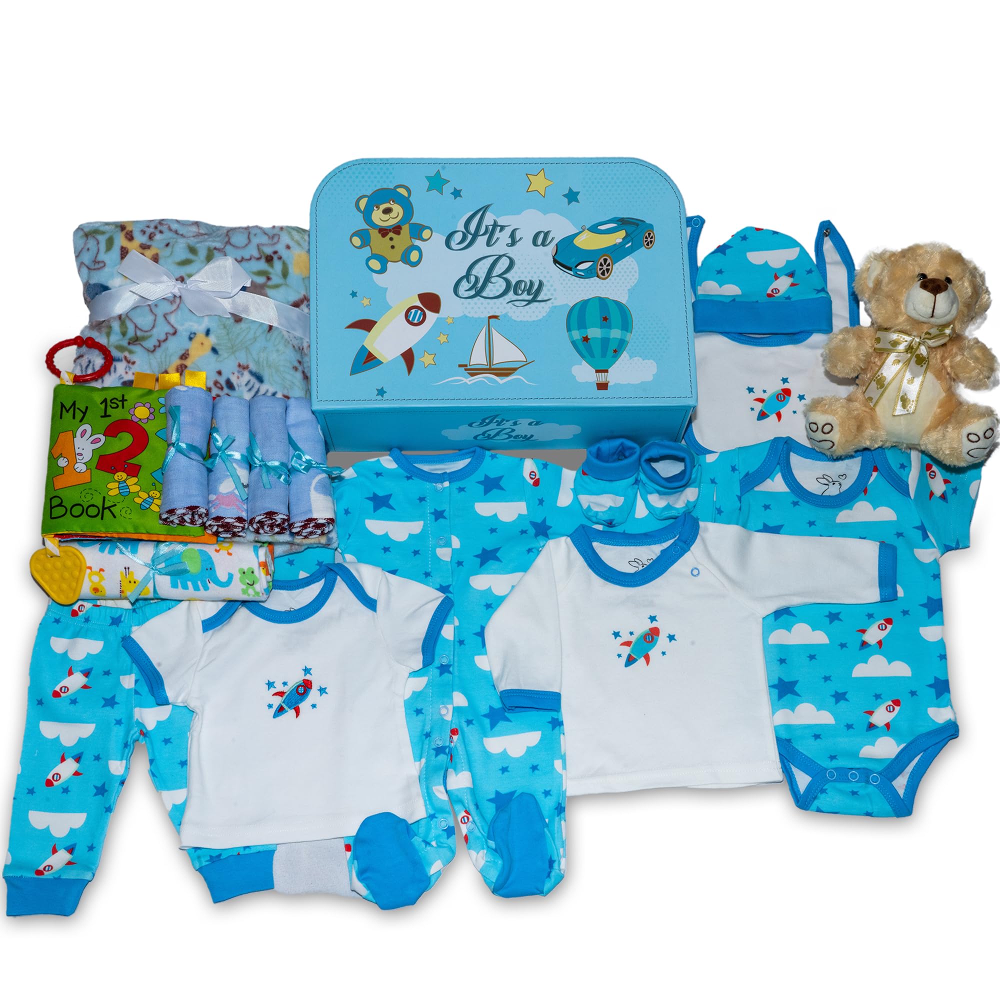 Welcome to The World Baby Boy Suitcase, Baby Layette Set and New Baby Essentials in A Durable Keepsake Suitcase Box, Blue, Large Baby Boy Gift Set - Nikki’s Gift Baskets