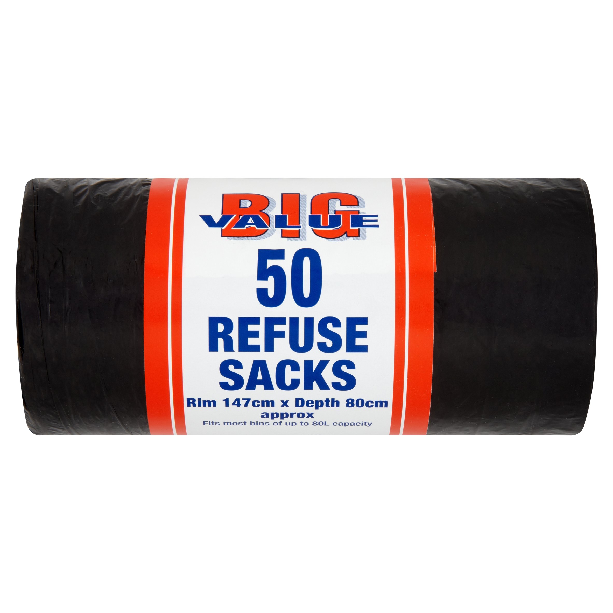 Big Value Black Refuse Sacks, 97L Capacity | Roll of 50 Sacks | Manufactured from Recycled Materials | Ideal for Indoor & Outdoor Use