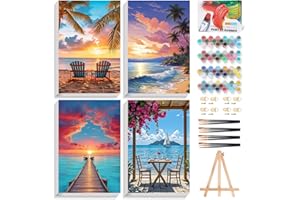 4 Pack Beach Paint by Numbers Adult Kit with Frame - 8x12 Inch, Sunset Adult Paint by Number Kits on Canvas With Easel, DIY A