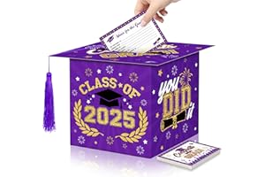 ERWEICET Class of 2025 Graduation Card Box Purple Gold Congrats Grad Cap Shaped Card Holder Boxes with Tassel and 48 PCS Advice Wishes Cards for 2025 High School College Centerpiece Ceremony Graduation Party