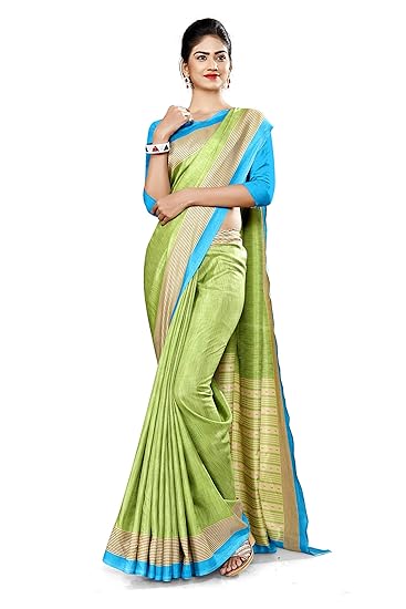 Uniform Sarees Corp Womens Plain Border Polycotton CotFeel Showroom Uniform Saree With Blouse (Pistachio; Sky Blue)