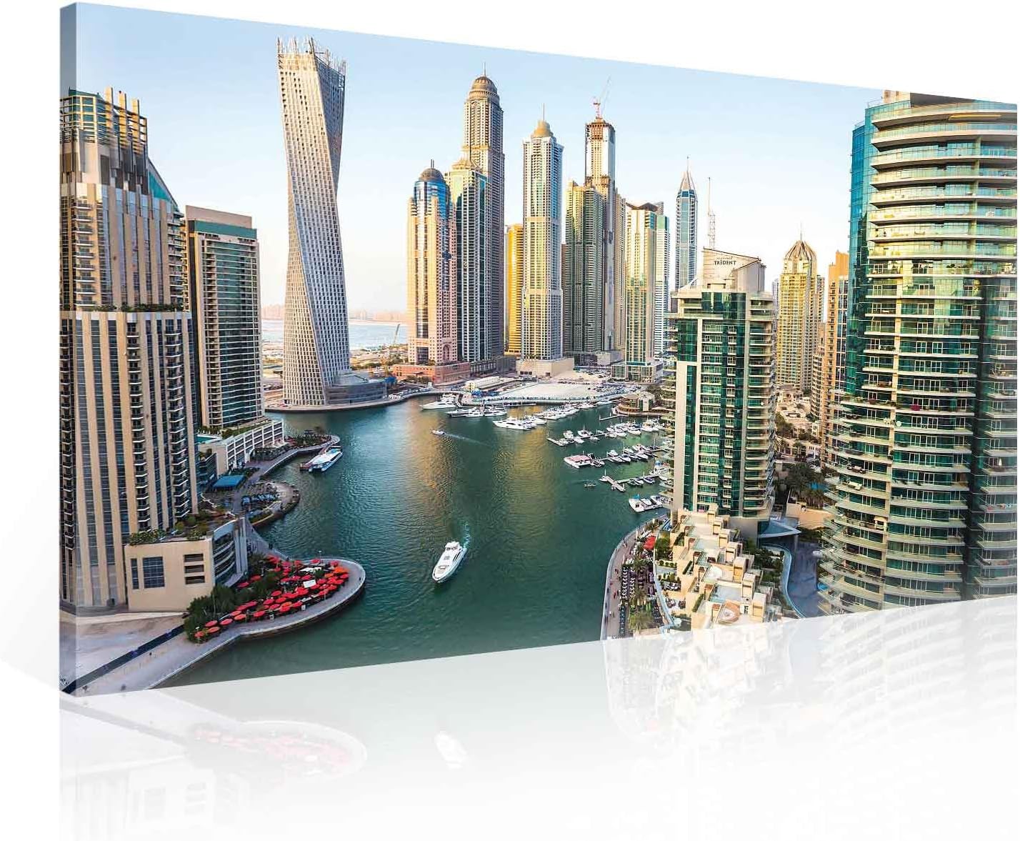 Ready to Hang Canvas Wall Art - View of Dubai Marina and Skyline Cityscape - XXL - 39" x 29.5" (100 x 75 cm) - Blue Picture Panel