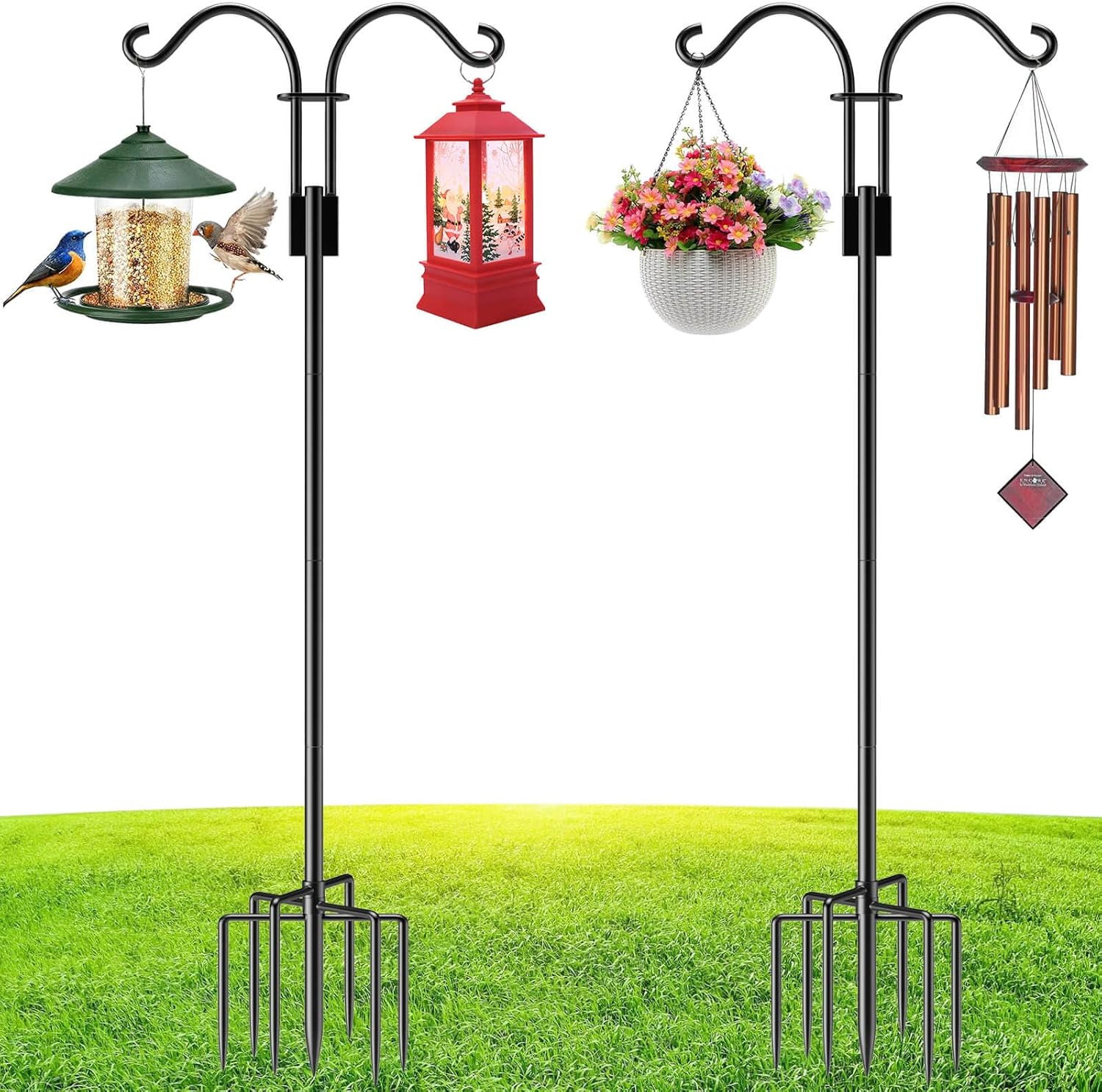 Outdoor Shepherd's Hooks - PKBD 2 Pack Double Shepherds Hook for Outdoor,108 Inch Tall Adjustable Bird Feeder Pole with 7 Prongs Base,Heavy Duty Shepherd Hooks for Outside Hanging Plants/Lights/Weddings Decor/Solar Lanterns
