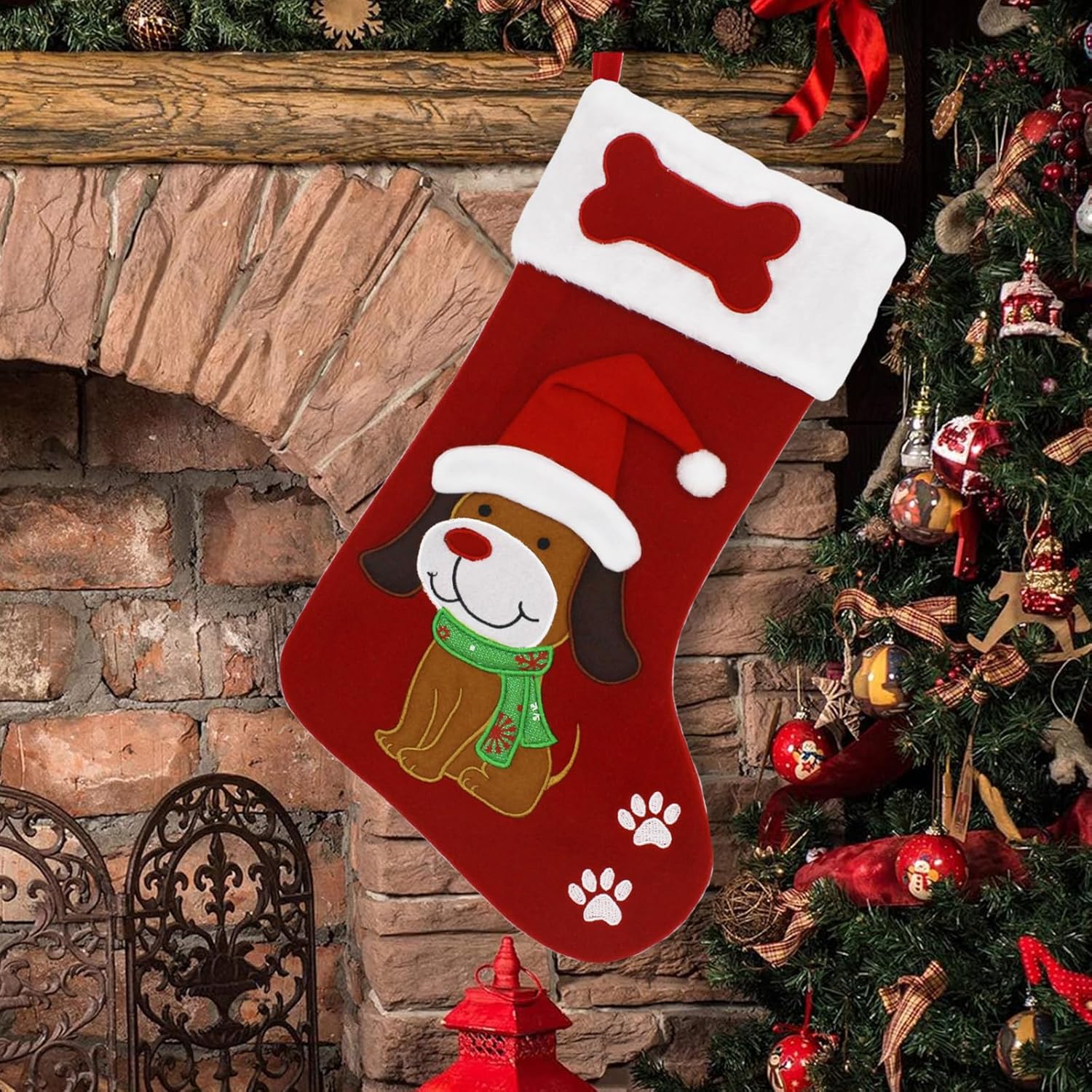 Stockings & Holders - ETERAMUS Dog Christmas Stocking Single, 20 inch Large Animal Felt Embroidered Dog Christmas Stockings, 3D Cute Dog Xmas Stockings with Pet Paw, Bone and Plush Cuff for Kitty Xmas Decorations…