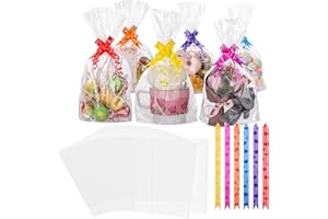 60 PCS Cellophane Bags, 8 x 12 Inch Clear Cellophane Treat Bags Flat Bottom Cookie Bag with Ties & Bows for Sweets Treats