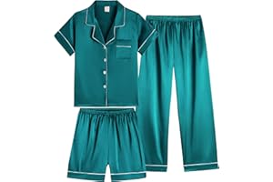 Vopmocld Satin Pajama Sets Unisex Boys and Girls Silk Button Down Short Sleeve & Shorts & Pants Sleepwear 3PCS Loungewear PJS