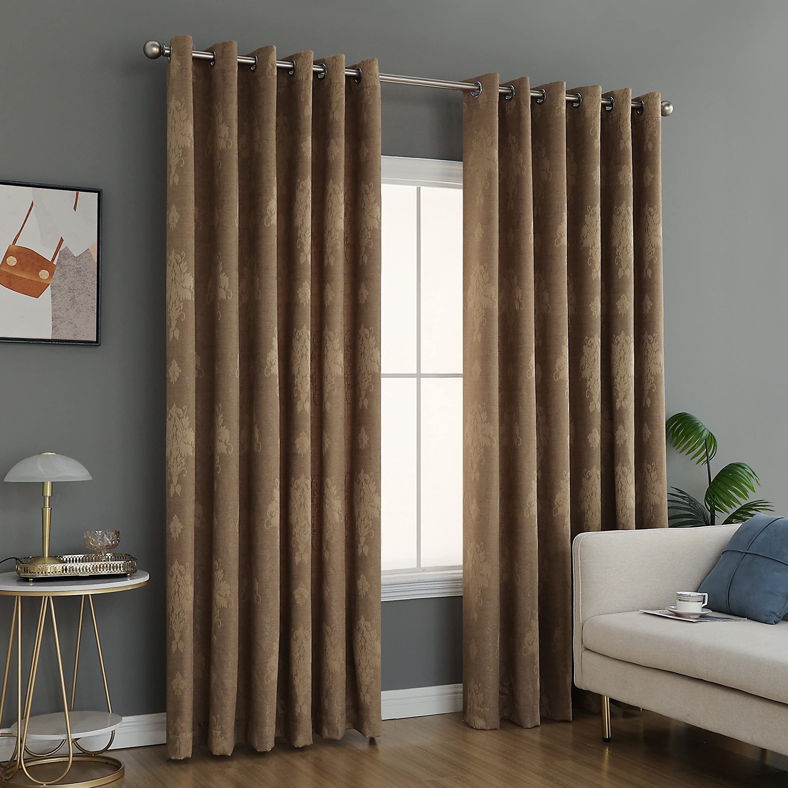 PRIME LINENS Curtain for Living Room Ring Top Jacquard Fully Lined Modern Panels Eyelet Curtain for Bedroom Window with 2 Free Tie Backs (Coffee, W 66" x L 54")