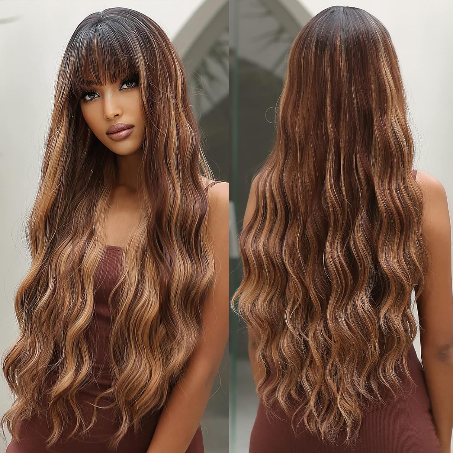 OUFEI Ombre Brown Highlight Wigs for Women Long Wavy Wig with Bangs Natural Synthetic Hair Heat Resistant Wigs for Daily Party Cosplay Wear — image 1