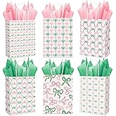 Kolldenn 30 Sets Witch and Princess Party Favors Pink and Green Bow Paper Gift Bags with Handles and Tissue Papers for Witch Theme Birthday Party Supplies