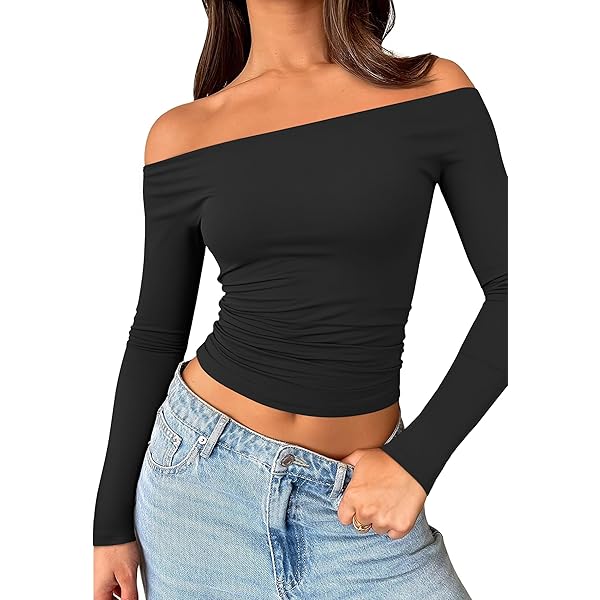Zeagoo Womens Long Sleeve Off The Shoulder Casual Crop Tops Boat