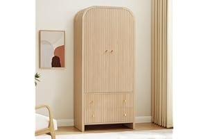 LEVNARY Arched Armoire Wardrobe Closet, Mid-Century Modern 2-Door Freestanding Wardrobe with Hanging Rod and 2 Drawers, Fluted Carved Clothing Storage Cabinet for Bedroom (Natural)
