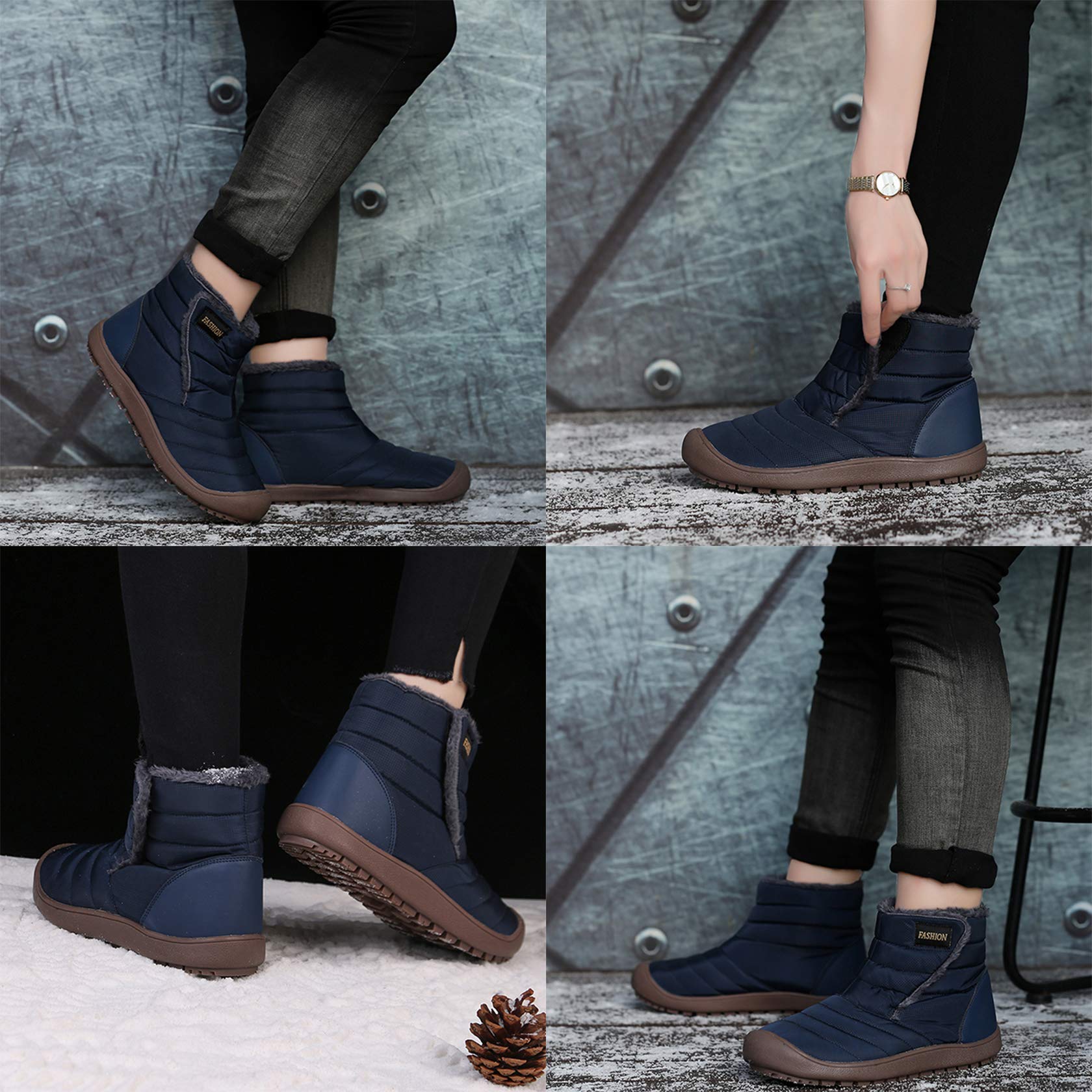 CARENURSE Men Women Winter Snow Boots with Fur Velcro Closure Water Resistant Lightweight Slip On Ankle Booties for Outdoor Blue