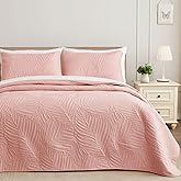 Exclusivo Mezcla Queen Quilt Bedding Set, Lightweight Blush Pink Quilts Queen Full Size for All Seasons, Soft Microfiber Bedspreads Coverlets Bed Cover with Leaf Pattern, 3 Piece