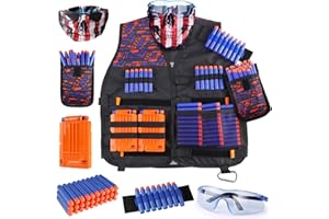 UWANTME Kids Tactical Vest Kit for Nerf Guns Elite Series with Refill Darts,Tactical Mask Wrist Band,Protective Glasses,Toys for 7 8 9 10 12 Year Old, Orange