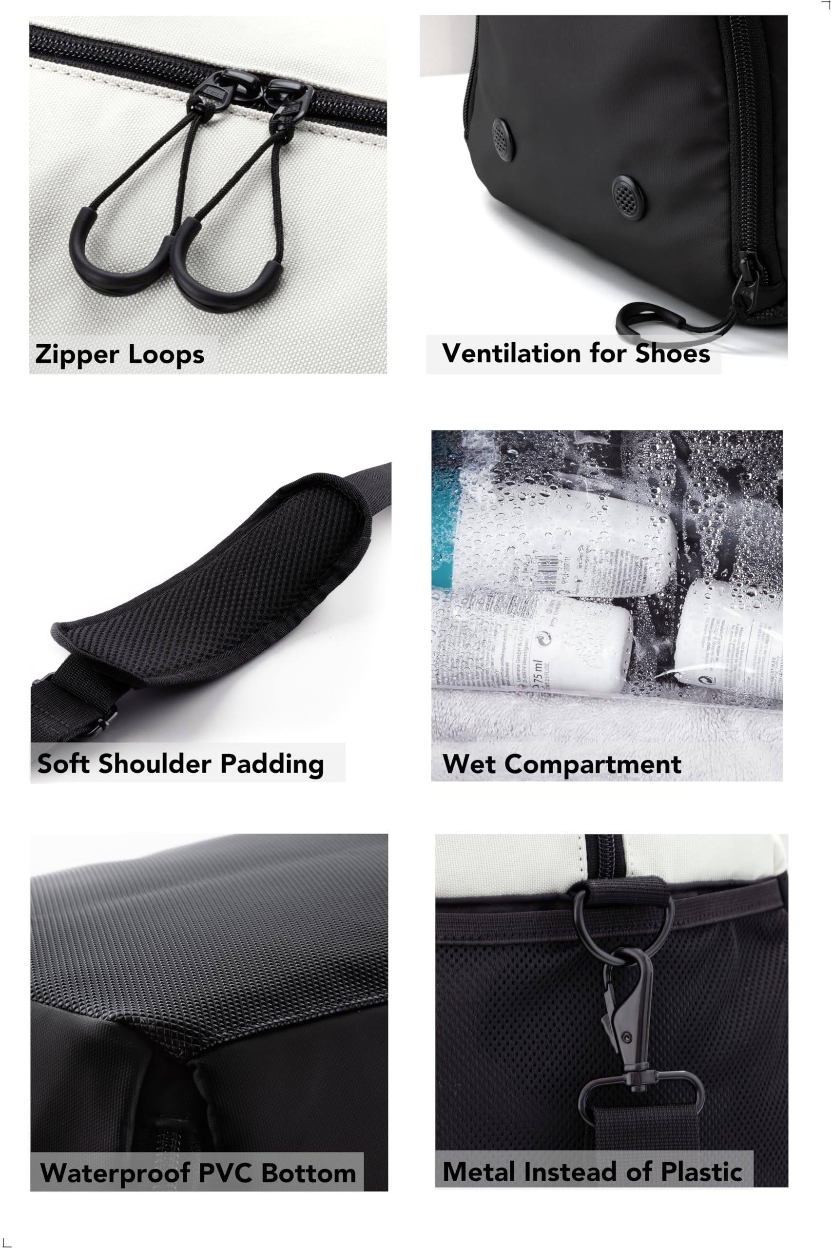 Fitgriff® Sporttasche & Reisetasche V2 für Damen und Herren - mit Schuhfach & Nassfach - Tasche für Sport, Fitness, Reisen - Trainingstasche, Gym Bag, (Black/Creme White, Small) 3