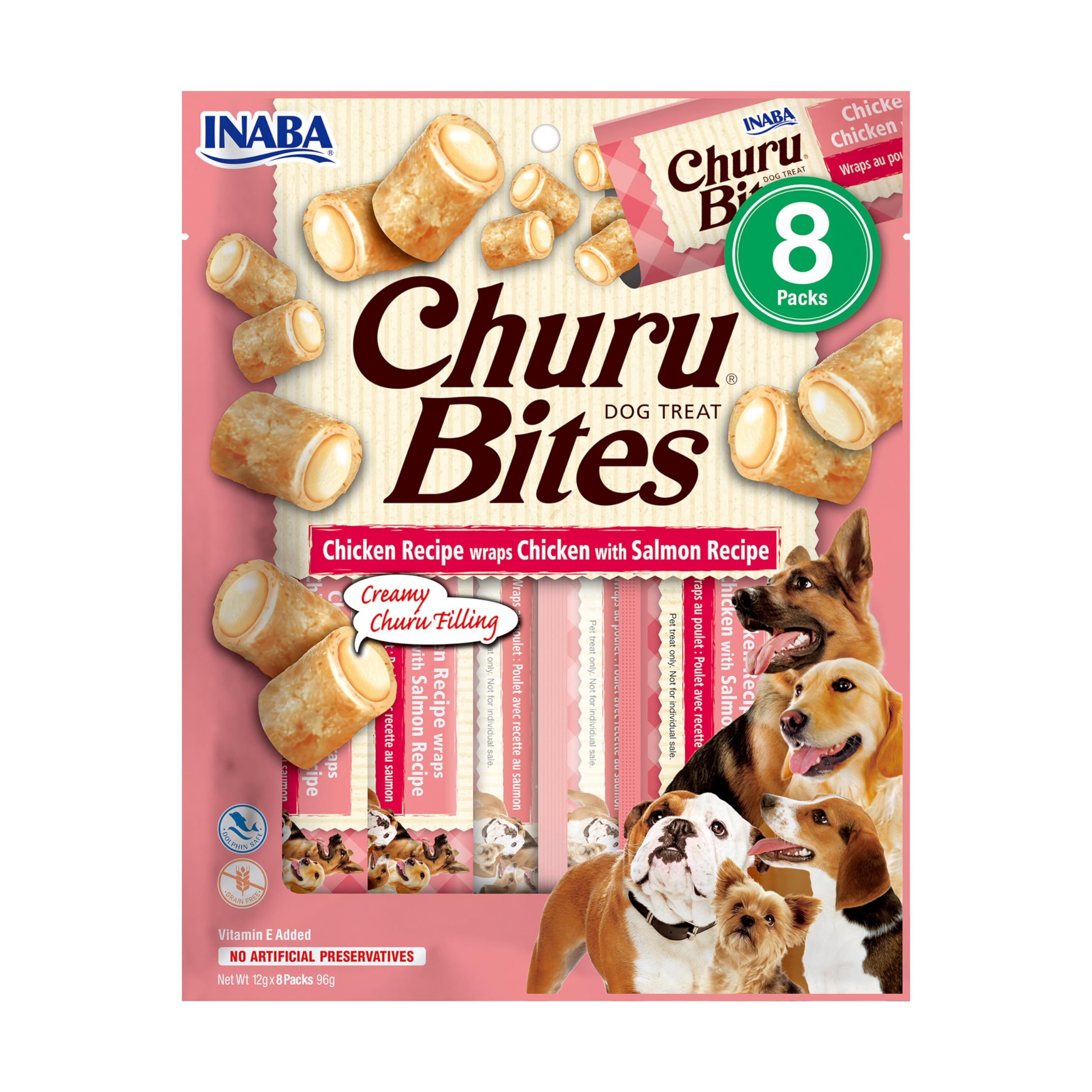 Churu Bites by INABA Dog Treat - Chicken & Salmon Flavour (8 x 12g) / Crispy Pouches with Creamy Filling Dog Treat, Delicious & Healthy Snack for Dogs, Training Treat, Natural, Grain Free