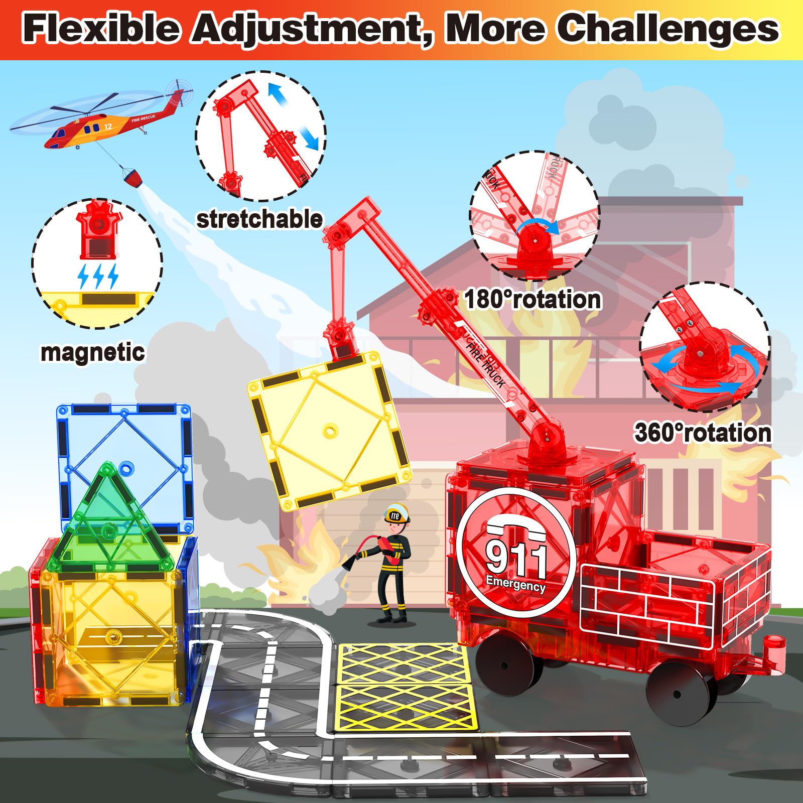 Magnetic Tiles Road Set with Magnetic Crane Edition, Magnet Building City Fire Kids Car Toys for 3 4 5 6 7 Years Old Boys Girls, Magworld Kids Games Construction STEM Toys for Boys Gifts