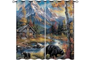 XINBADU Rustic Forest Cabin Blackout Curtains for Girls Boy Home Decor, Country Farmhouse Bear Grommet Thermal Insulated Drapes Darkening Window Curtain for Bedroom Living Room, 42 x 45 Inch