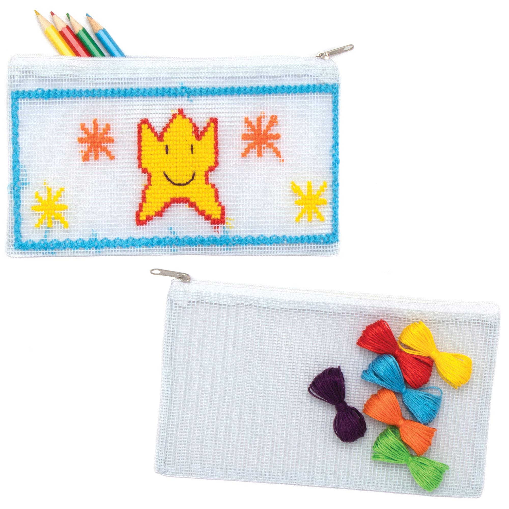 Baker Ross AT953 Pencil Case Cross Stitch Kits - Pack of 2, Make Your Own Colourful Bag for Kids Arts and Crafts or Sewing Beginners