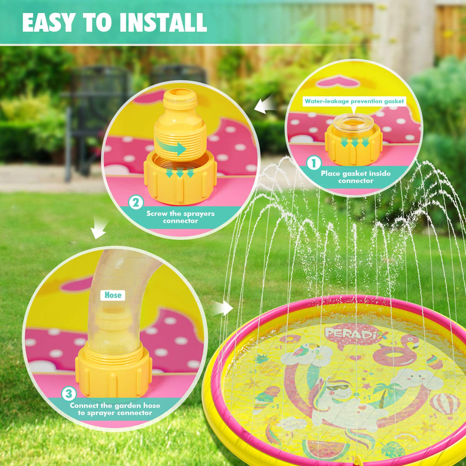 Peradix Tapis Enfant de Jet d\'eau, 2 en 1-170CM Piscine Bebe Gonflable de Jeux Natte a et Bassin avec Jet Fontaine pour Enfant,Tapis De Pulvérisation Garçons et Filles Splash Sprinkle Play Pad Mat