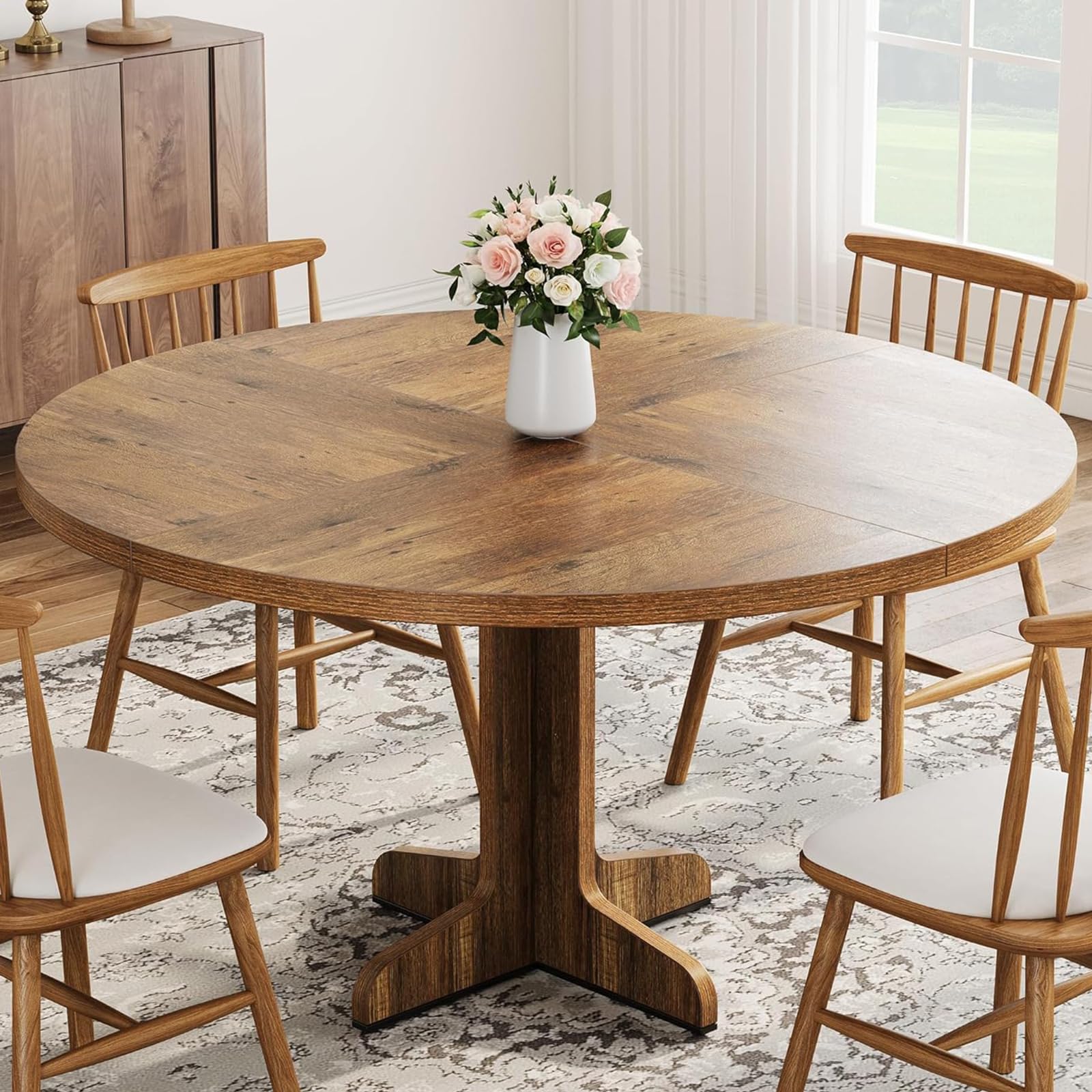 Photo 1 of IDEALHOUSE Round Dining Table for 4, 47 Inches Circle Dining Room Table with Wooden Base for Kitchen, Living Room (Table Only), Brown