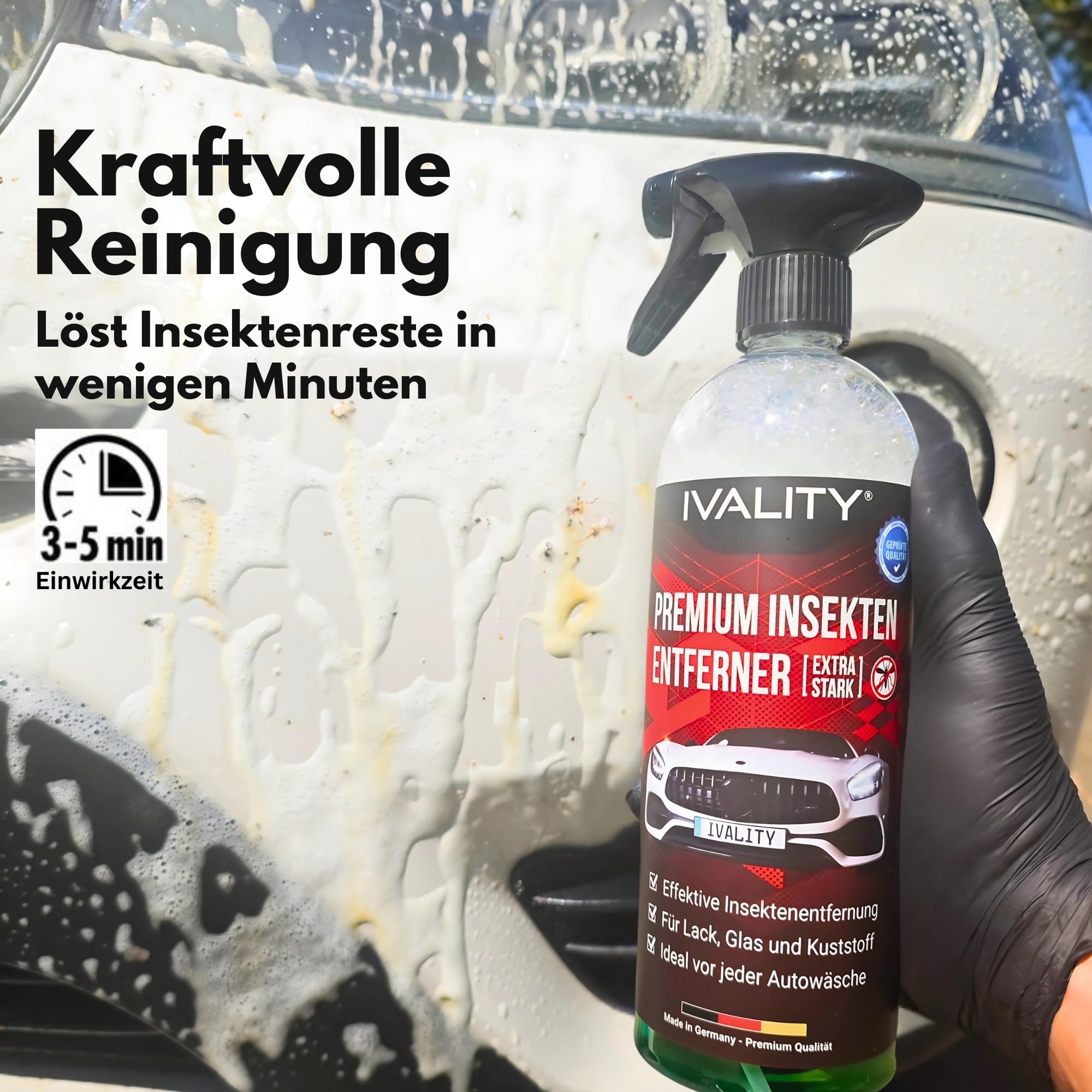 IVALITY® Insektenentferner für Auto 750ml – Sicher und effektiv gegen hartnäckige Insektenrückstände – Insektenreiniger für Auto, Wohnmobil und Motorrad – Flugrostentferner mit Mikrofasertuch 2