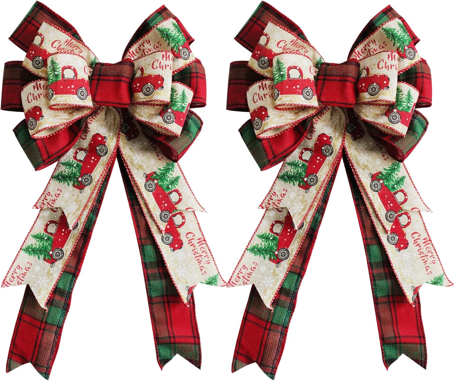 Bows & Ribbons - Extra Large Christmas Wreath Bows 2 Pack-19x11 inch Pre-Tied Truck Pattern Wreath Bow, Buffalo Plaid Wired Edge Wreath Bow for Front Door Winter Decor, Christmas, Holiday Indoor Outdoor Ornament (Red)
