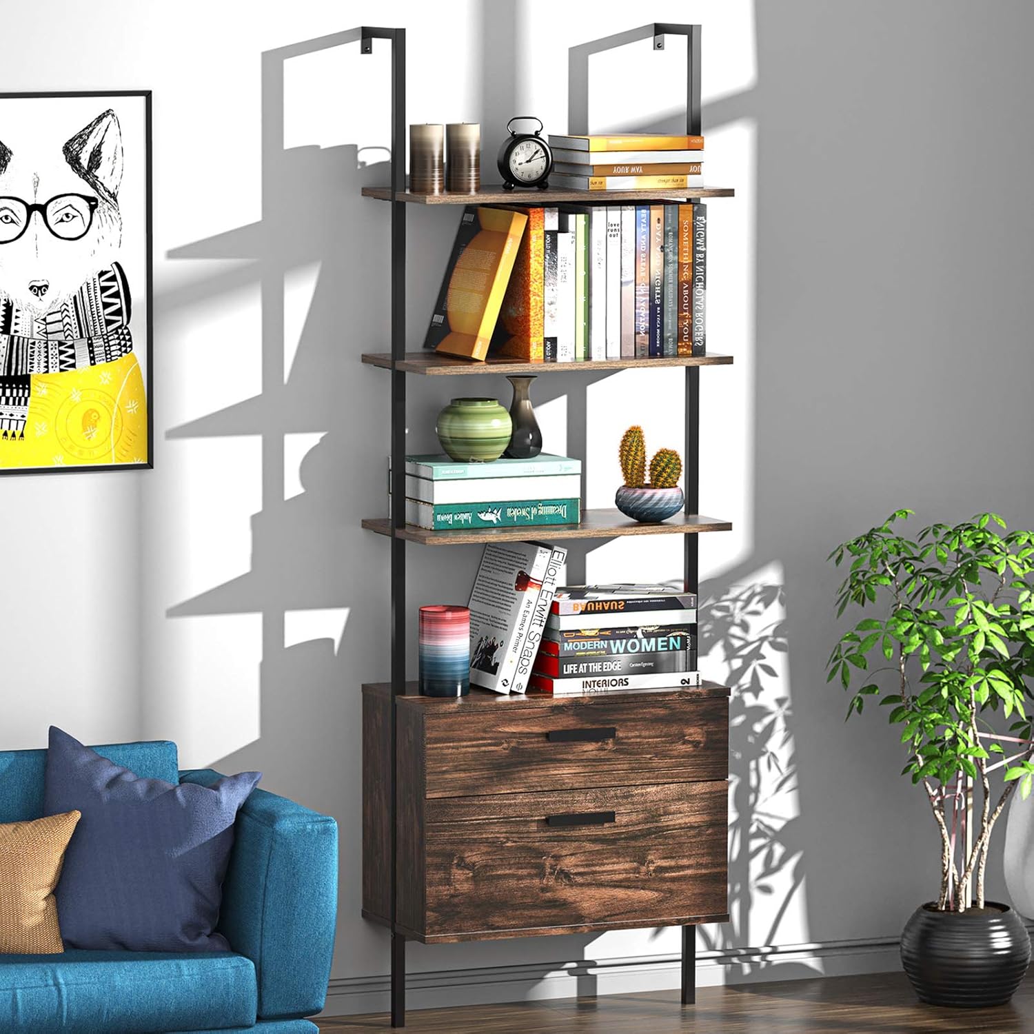 Industrial Ladder Shelf with Drawers, 3 Tier Open Shelf Storage Rack Shelves Ladder Bookshelf Plant Flower Stand Matte Metal Frame for Home, Living Room, Kitchen, Office: Furniture & Decor