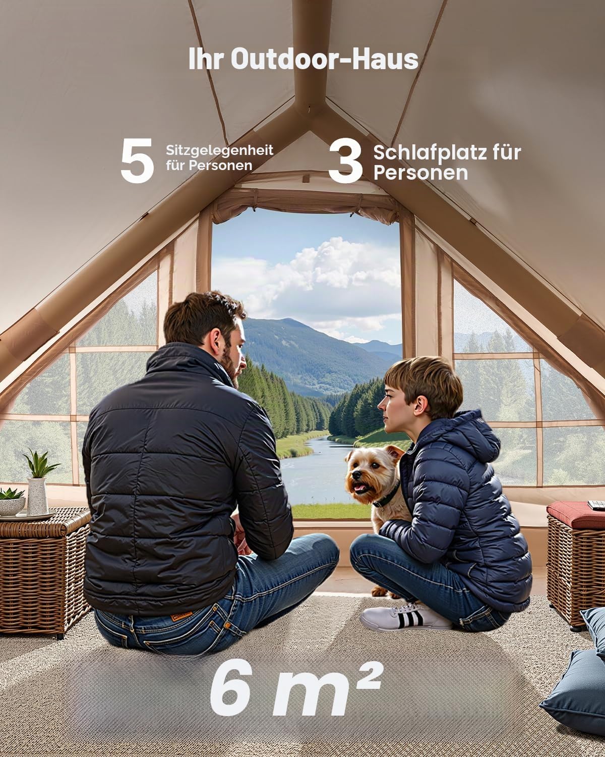 VEVOR Aufblasbare Zelte für Camping 3x2x2 m, 3–5 Personen, 300D Oxford 4-Jahreszeiten-Glamping-Zelt mit Baldachin, Handpumpe, Ofenanschluss, 2 Türen & 2 Netzfenstern (Aufbewahrungstasche inkl.) 3