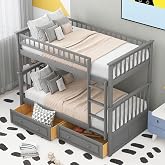 Harper &amp; Bright Convertible Wood Twin-Over-Twin Bunk Bed with Storage Drawers and Ladder - Can Be Divided Into Two Daybeds (Grey)