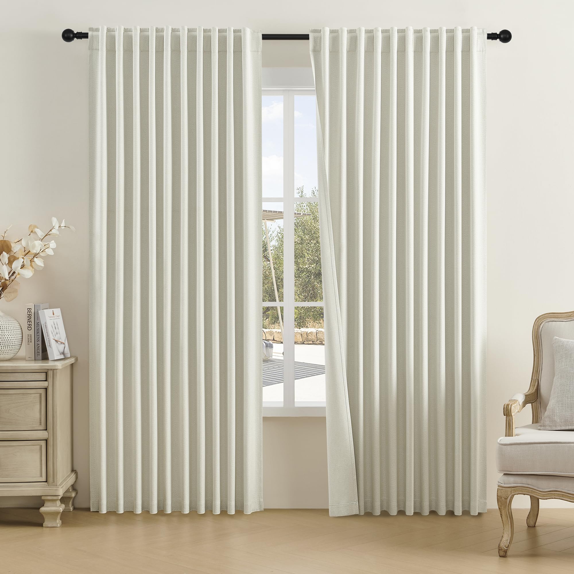 Photo 1 of DUALIFE Natural Birch Curtains 96 Inch Length-Back Tab Pocket Pleated Room Darkening Curtains for Bedroom Dining Room,Patio Sliding Glass Door Curtain Living Room Drapes(84W x 96L, 2 Panels)